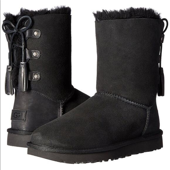 Ugg Krista Bell Lace Up Back Tassel Winter Boots Black Suede 5 - Picture 1 of 4
